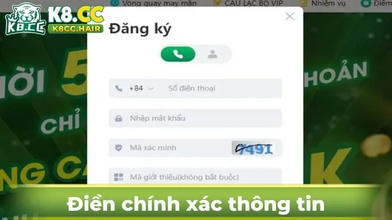 Điền đủ các thông tin tại biểu mẫu đăng ký K8CC